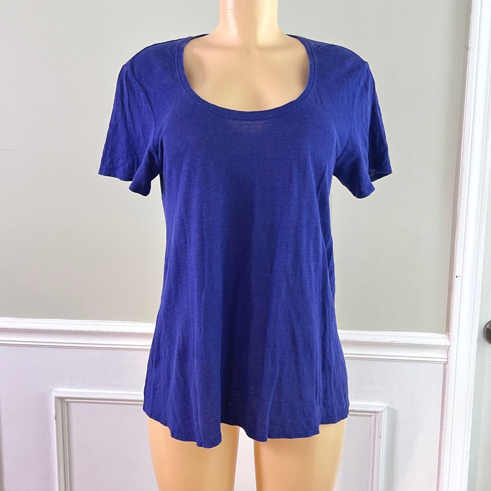 Eileen Fisher Scoop Neck‎ Tee Women S 100% Organic Linen Short Sleeve Royal Blue